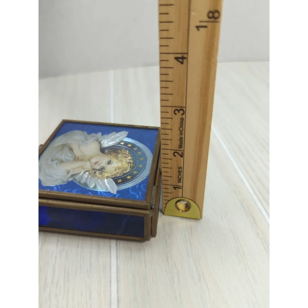 Enesco Blue Glass Brass Thomas Cathey Angel Trinket Jewelry Box Mirror Vintage